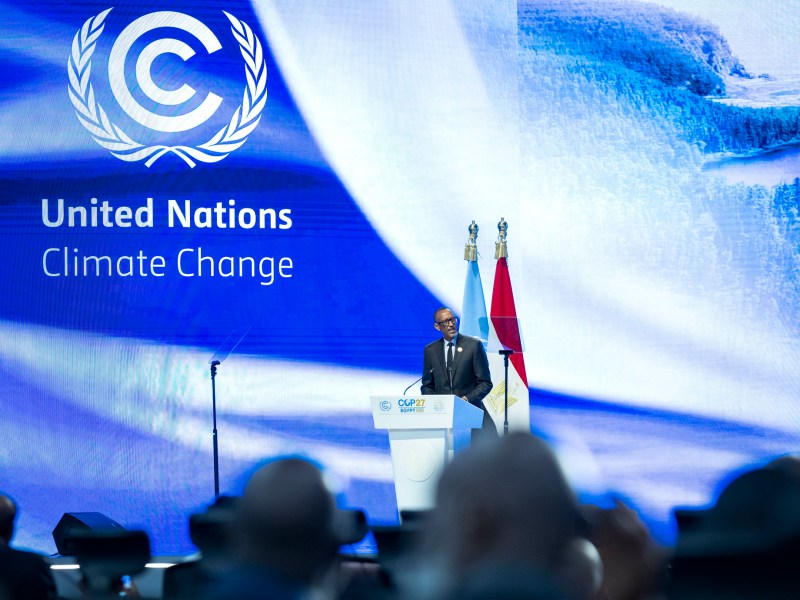 A man stands at a lectern in front a bold blue background