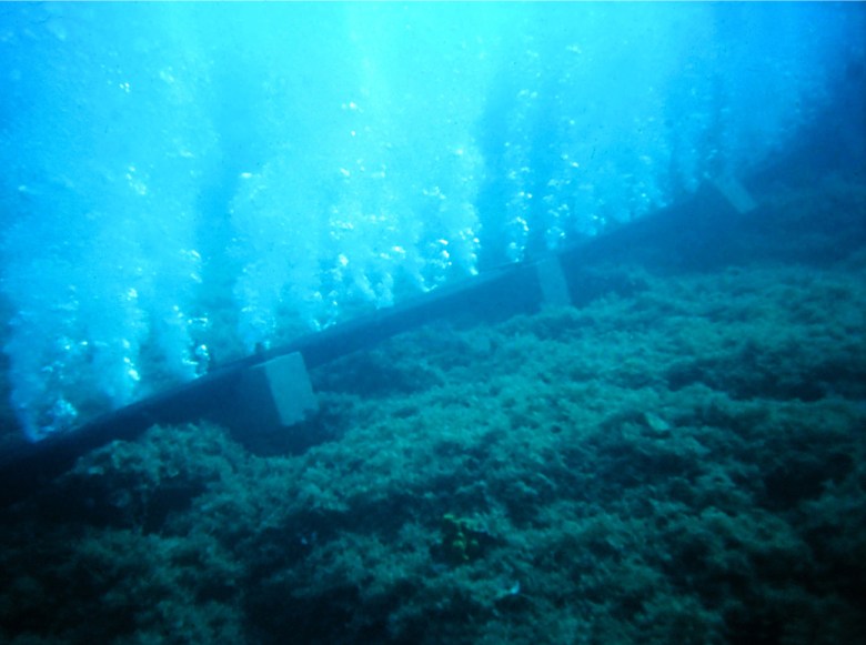 An underwater view of the bubble curtain.