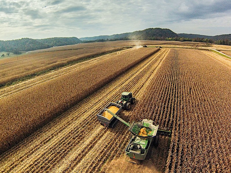 An overhead image of a combine and a tractor working in a cornfield.