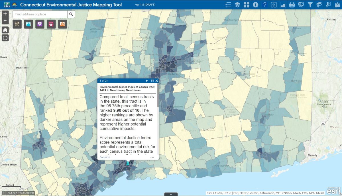 A screenshot of the Connecticut Environmental Justice Mapping Tool with Census Tract 1424 in New Haven, as an example of the tool's Environmental Justice Index. A callout box reads: "Compared to all census tracts in the state, this tract is in the 98.75th percentile and ranked 9.90 out of 10. The higher rankings are shown by darker areas on the map and represent higher potential cumulative impacts." The surrounding map illustrates each census tract in Connecticut in varying shades of blue, with darker shades indicating a higher index score on a 1-10 scale.