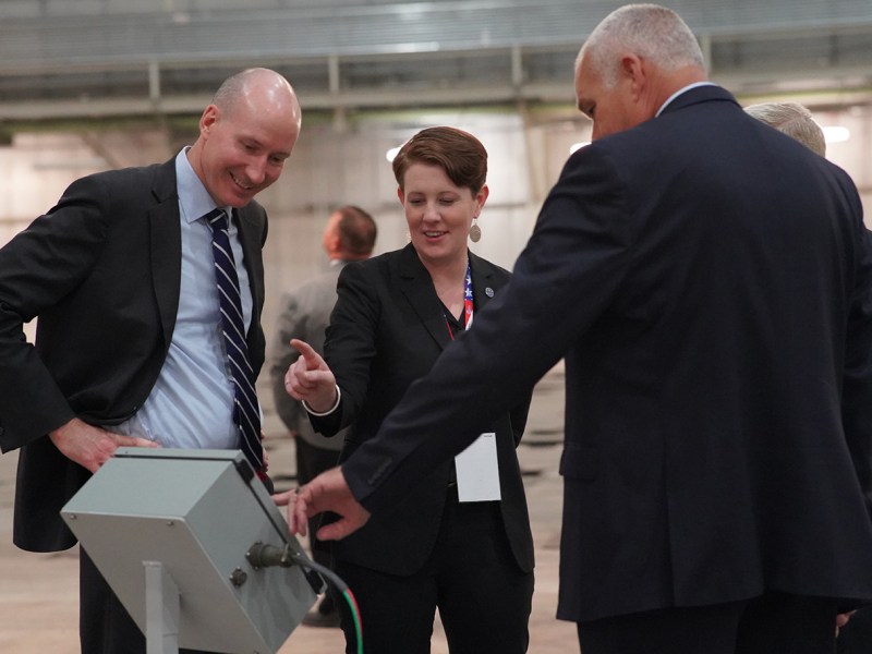 David Turk, left, deputy secretary for the U.S. Department of Energy; and Kathryn Huff, center, assistant sectary for DOE’s Office of Nuclear Energy, with Centrus executives inside the company’s new uranium enrichment plant in Piketon, Ohio.