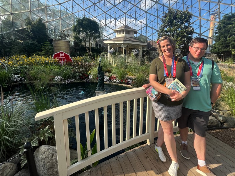 Republican National Convention attendees Katie Bowen and William Maloney at a conservative climate event during the convention at Milwaukee’s botanical garden domes in Mitchell Park.