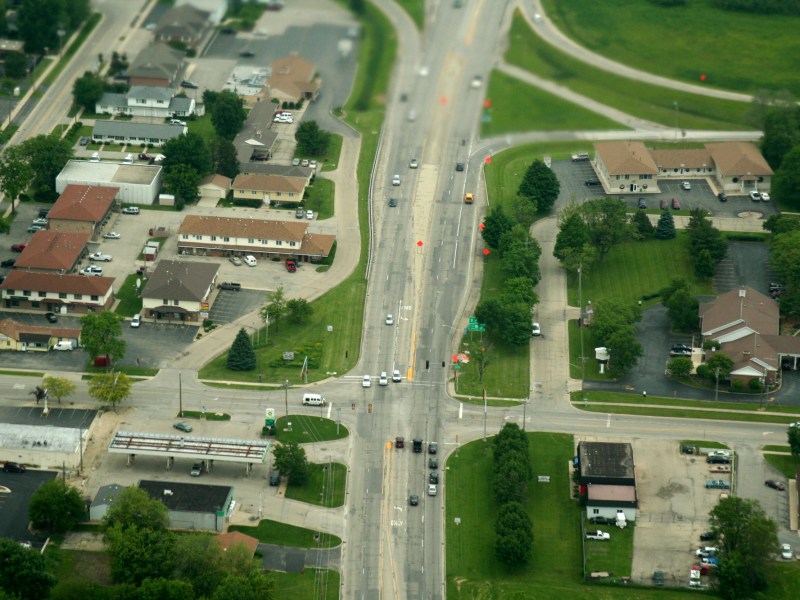 An aerial photo of a commercial area in Sugar Grove, Illinois.